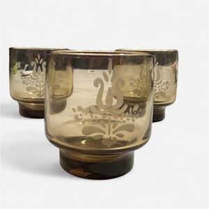 3 Vintage Pfaltzgraff Village Smoky Brown Glasses Juice Rocks Etched Tulip